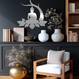 Zen inspired Buddha metal decor with lotus and tree