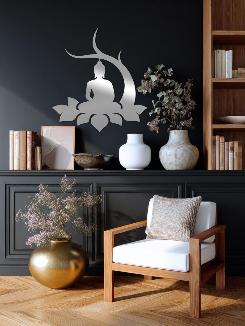 Zen inspired Buddha metal decor with lotus and tree