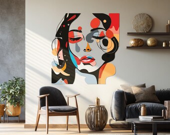 Colorful Woman Face Metal Wall Art – Abstract Female Portrait Metal Artwork, Modern Artistic Metal Decor for Living Room