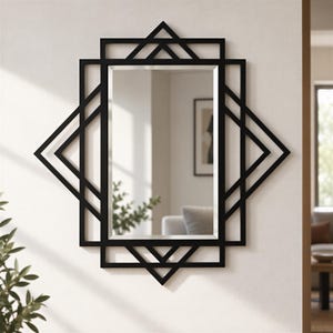 Geometric Layered Rectangular Wall Mirror with Black Metal Frame Modern Art Deco Style