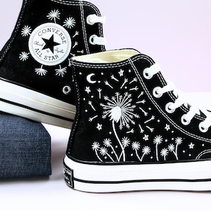 Custom Dandelion Flower Hand Embroidered High Top, Whimsical Garden Embroidered Converse, Small Flower Embroidered Shoes,Floral Gift for Mom