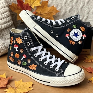 Mushroom Autumn Converse Embroidered, Custom Converse Autumn Pine Cone Hand Embroidered, Maple Leaf Embroidery Sneakers Gifts, Gift For Her