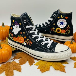 Halloween Vibes Converse Hand Embroidered, Cute Ghost Autumn Vibes Hand Embroidered Converse, Maple Leaf Embroidery Sneakers Gifts