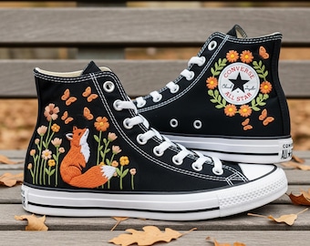 Hand Embroidered Fox & Floral Converse High Tops: Custom 1970s Sneakers
