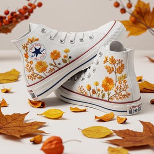 Autumn Plants Converse Hand Embroidered, Custom Converse Autumn Pine Cone Hand Embroidered, Maple Leaf Embroidery Sneakers Gift,Gift For Her