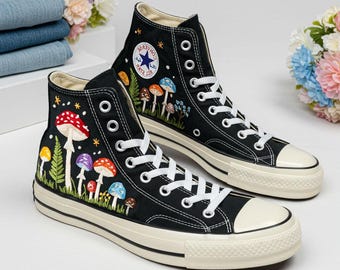 Embroidered Mushroom Frog Converse: Cottagecore Garden Shoes