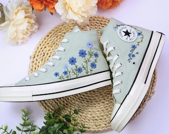 Custom Embroidered Converse Shoes: Blue Floral Garden Sneakers