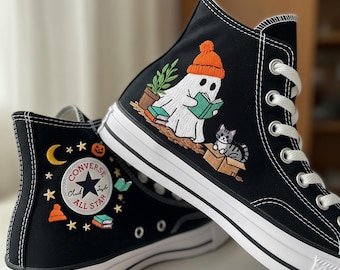 Zapatillas altas Converse de Halloween bordadas: fantasma, gato y calabaza, zapatillas de otoño hechas a mano