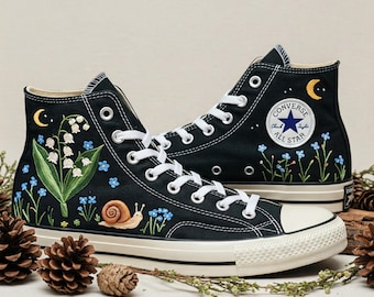 Hand-Embroidered Converse: Snail, Lily of the Valley, and Solar System Design
