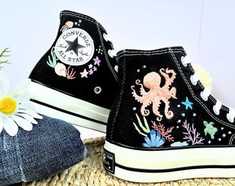 Custom Embroidered Ocean Shoes: Octopus & Sea Turtle Converse