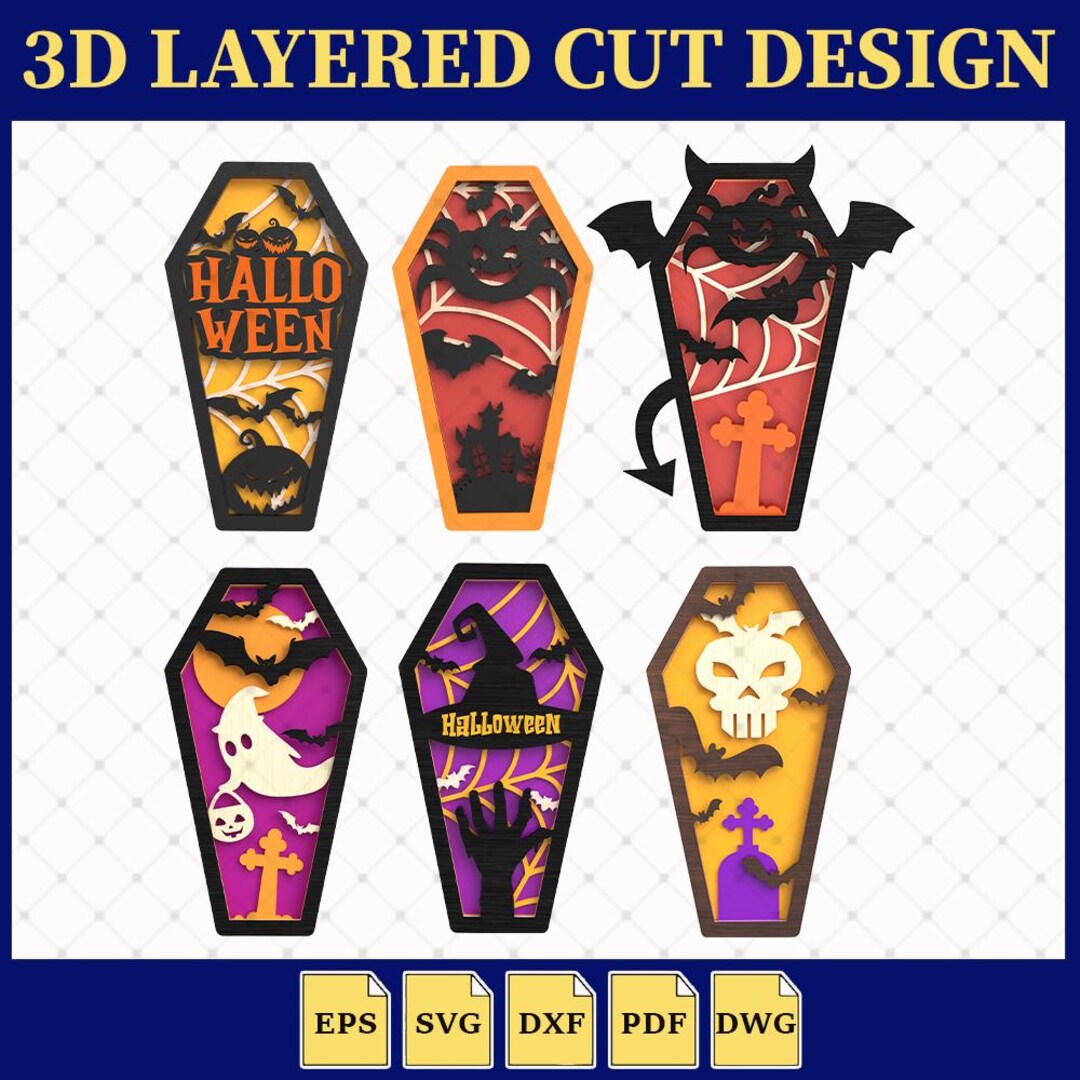 Halloween Coffin SVG Laser Cut Bundle, 3D Layered Wooden Halloween Svg ...