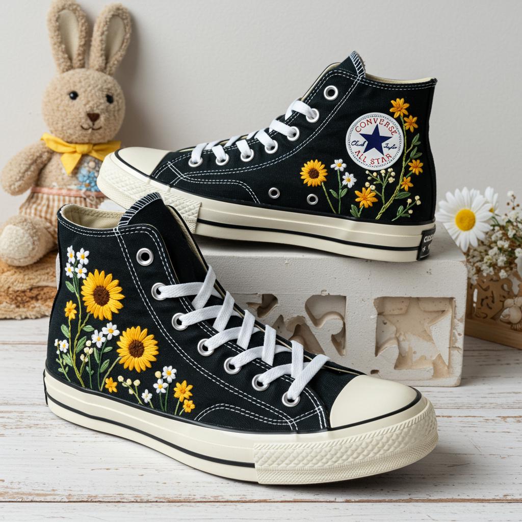 Embroidered Sunflower Converse Sneakers: Custom Floral Wedding Shoes
