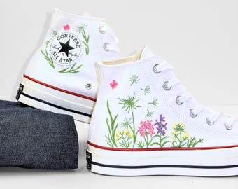 Custom Embroidered Converse Shoes: Lavender Wildflower Design