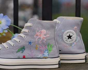 Custom Hand Embroidered Ocean Shoes: Octopus & Sea Turtle Converse