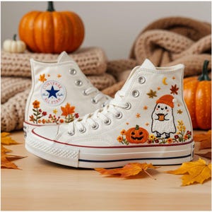 Halloween Vibes Converse Embroidered, Customize Ghost Autumn Vibes Hand Embroidered Converse, Maple Leaf Embroidery Sneakers Gifts