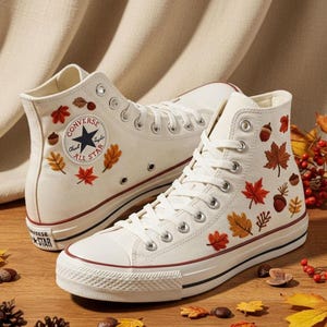 Autumn Plants Converse Hand Embroidered, Custom Converse Autumn Pine Cone Hand Embroidered, Maple Leaf Embroidery Sneakers Gift,Gift For Her