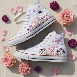 Hand Embroidered Converse Custom Wildflower, Lavender Embroidered Shoes, Embroidered Converse High Tops For Bride, Wedding Converse