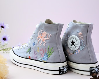 Custom Ocean Embroidered Converse Shoes: Sea Turtle & Octopus