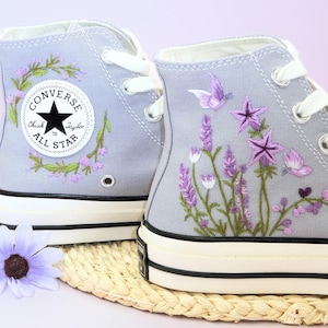 Embroidered Converse Custom Purple Converse Flower, Purple Flowers Embroidered Shoes, Floral Embroidered Converse High Tops For Bride