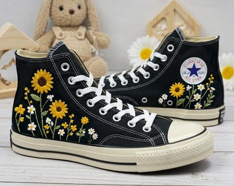 Embroidered Sunflower Converse Sneakers: Custom Floral Wedding Shoes