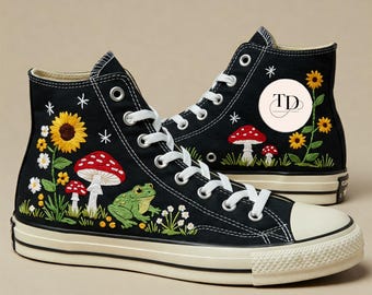 Embroidered Mushroom Frog Converse: Cottagecore Nature Shoes
