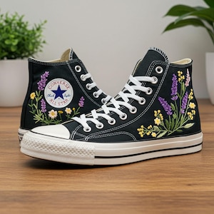 Wedding Converse Embroidered Floral, Custom Forget Me Not Embroidered Shoes for Bride,Bridal Purple Flowers Embroidered Sneaker,Wedding Gift