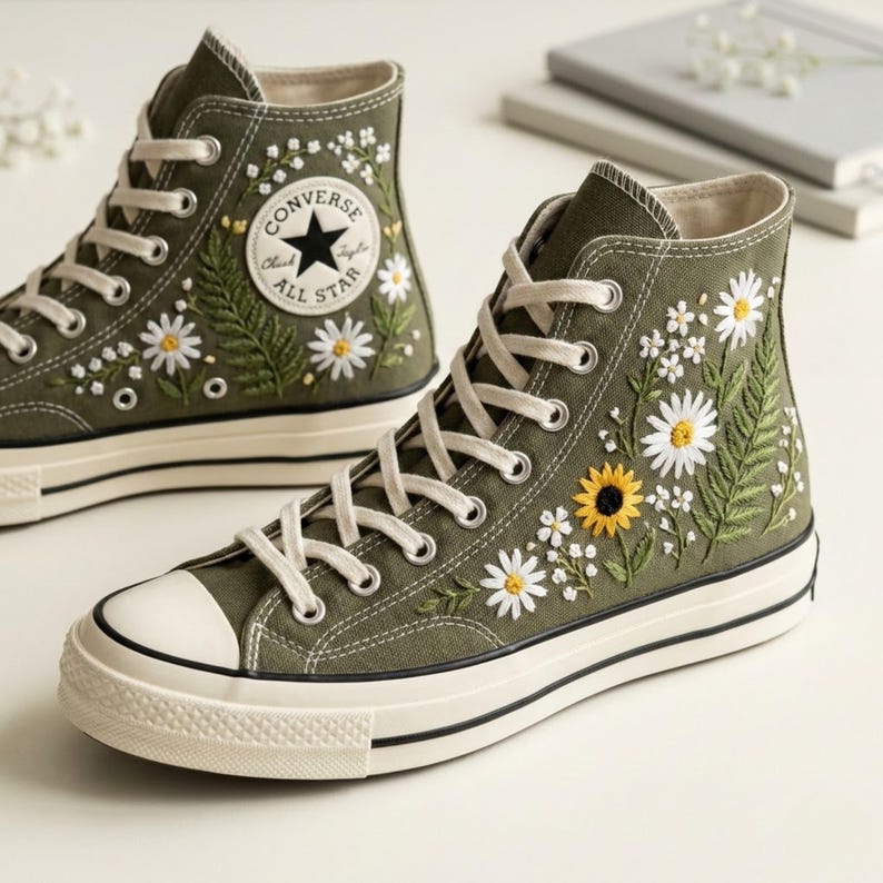 Hand Embroidered Converse Sneakers, Olive Green Wildflower High Tops - Etsy