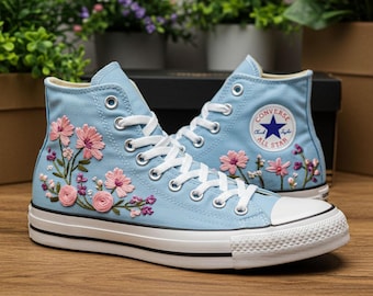 Embroidered Floral Wedding Converse: Custom Rose & Forget-Me-Not Sneakers