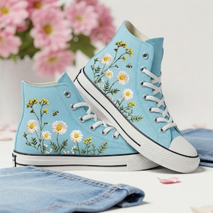 Embroidered Converse Custom Purple Converse Flower, Purple Flowers Embroidered Shoes, Floral Embroidered Converse High Tops For Bride