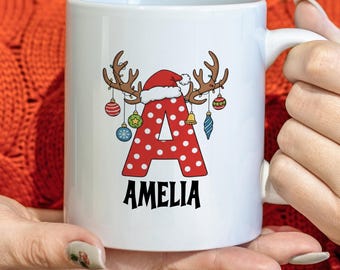Custom Holiday Mug, Christmas Mug, Reindeer Mug, Christmas Mug Gifts, Custom Initial Mug, Monogrammed Coffee Mug, Holiday Drinkware