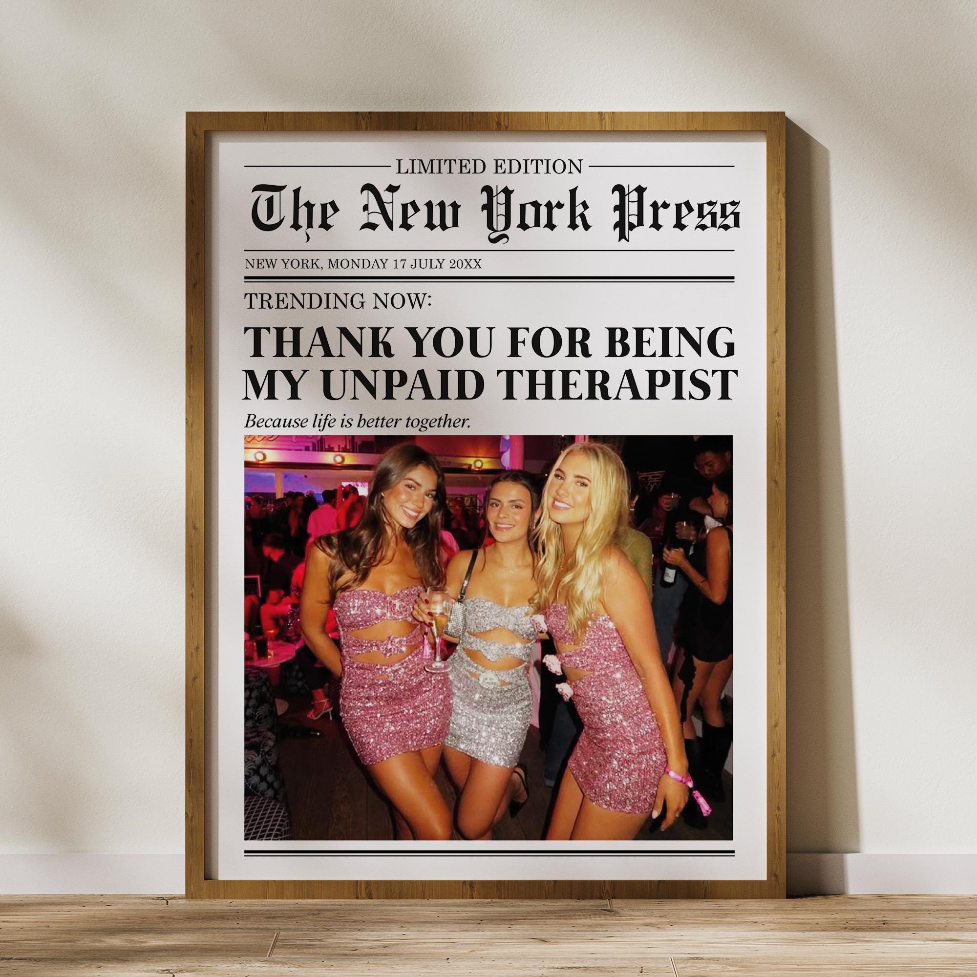 Custom Best Friend Photo Frame, Custom Friends Print, Newspaper Print, Best Friend Wall Art, Personalized Wall Art, Gift for Best Friend