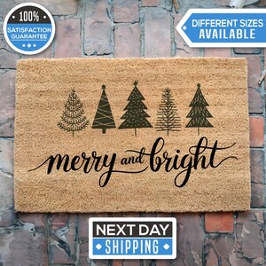 Merry And Bright Doormat, Christmas Tree Doormat, Christmas Home Decor, Front Door Mat, Outdoor Decor, Xmas Gift, Holiday Porch Decor