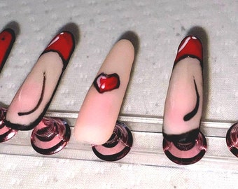 Hand-Painted Press On Nails – Red Pop Art Inspired Design