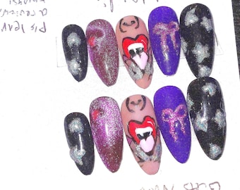 Hand-Painted Press On Nails – Olivia Rodrigo “Guts” Inspired Design