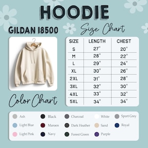 May include: A cream-colored Gildan 18500 hoodie displayed on a hanger. The image includes a size chart with measurements in inches and a color chart with options like Ash, Black, and Navy. The word "HOODIE" is at the top.