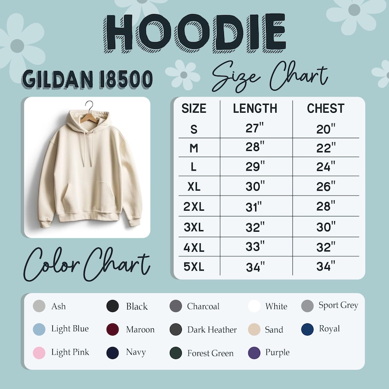 May include: A cream-colored Gildan 18500 hoodie displayed on a hanger. The image includes a size chart with measurements in inches and a color chart with options like Ash, Black, and Navy. The word "HOODIE" is at the top.