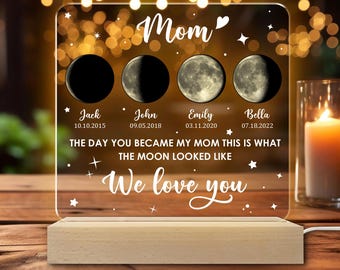 Personalized Moon Phase by Date Gift, Custom Lunar By Date Gifts, Personalised Mom Moon Phase Night Light, Mother’s Day Gift, Gift For Mom