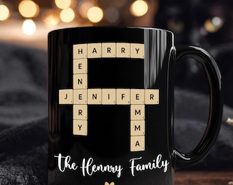 Caneca personalizada com nome de família, presente de palavras cruzadas de Scrabble, arte de palavras cruzadas de família para sempre unida, presente para a família