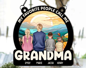 Oma en kleinkinderen op de maan gepersonaliseerd raam hangend ornament ornament, Moederdagcadeau, oma suncatcher, moeder verjaardagscadeaus