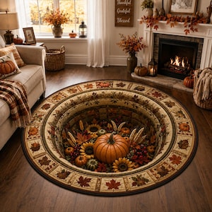 May include: A round area rug featuring a 3D-style optical illusion of a deep, circular pit filled with autumn harvest elements, including orange pumpkins, yellow sunflowers, wheat stalks, red berries, and brown maple leaves on a tan background.