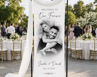 Personalized Linen Wedding Welcome tapestry , Custom Photo Banner, Couple Portrait Decor, Custom Fabric Banner for Weddings, Bridal Showers