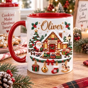 May include: A white ceramic mug with a red handle and interior, featuring a festive Christmas scene with Santa Claus, an elf, a train, and a building labeled Santa's Workshop. The name Oliver is printed in gold script above the illustration.