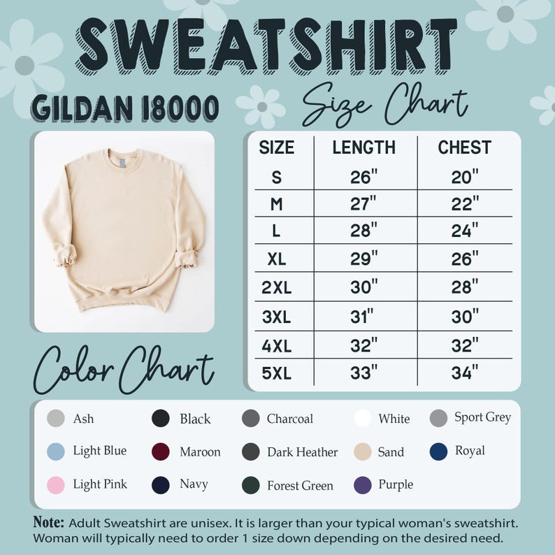 May include: A beige Gildan 18000 sweatshirt with a size chart and color options. The size chart shows measurements for sizes S to 5XL, with chest measurements ranging from 20" to 34". Color options include Ash, Black, Charcoal, White, and more.