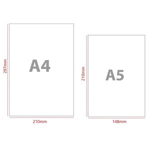 May include: Diagram showing the dimensions of two standard paper sizes: A4, 210 mm by 297 mm, and A5, 148 mm by 210 mm.