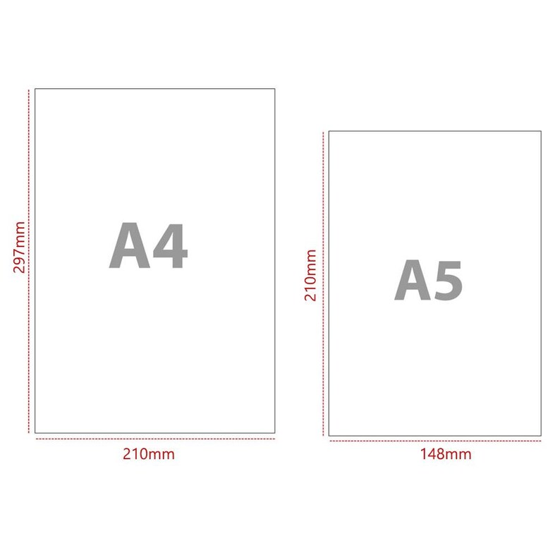 May include: Diagram showing the dimensions of two standard paper sizes: A4, 210 mm by 297 mm, and A5, 148 mm by 210 mm.