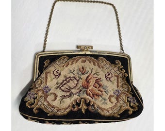Vtg 50s Needlepoint Purse Tapestry Floral Cottage Gold Tone Chain Czechoslovakia