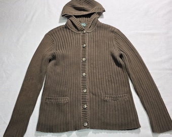 Vtg 90s Lauren Ralph Lauren Hooded Cardigan Sweater Womens Large Brown Ribbed