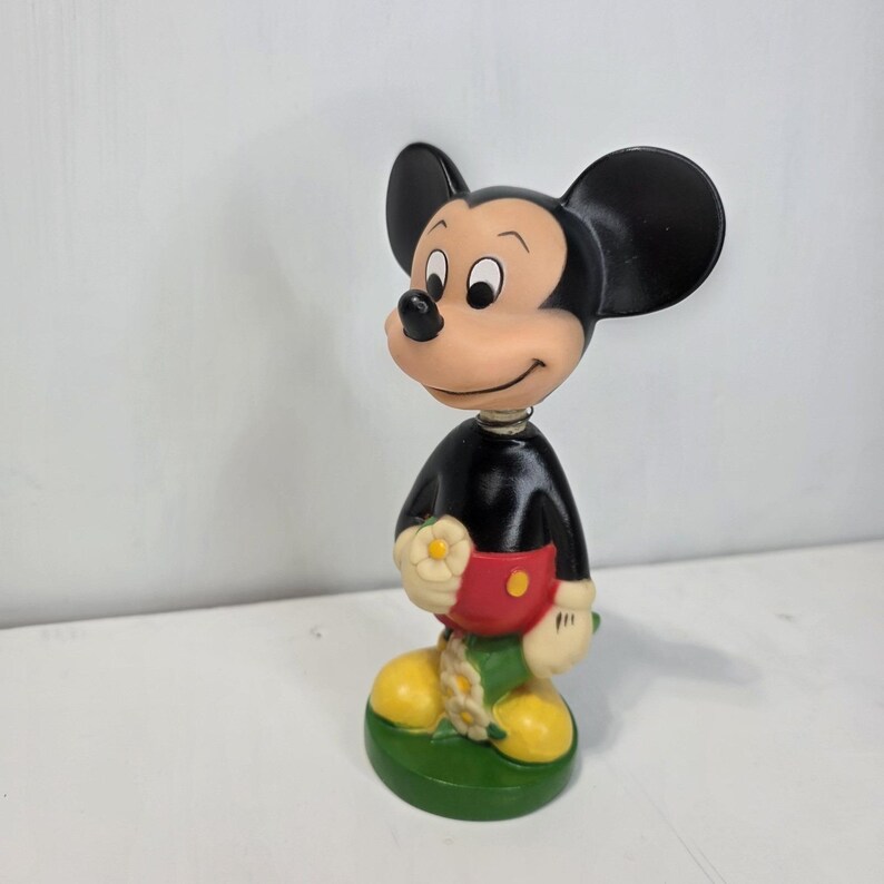 Vintage 70s Disney Mickey Mouse Bobblehead Figure Flower Kitschy Decor 7" Nodder image 3