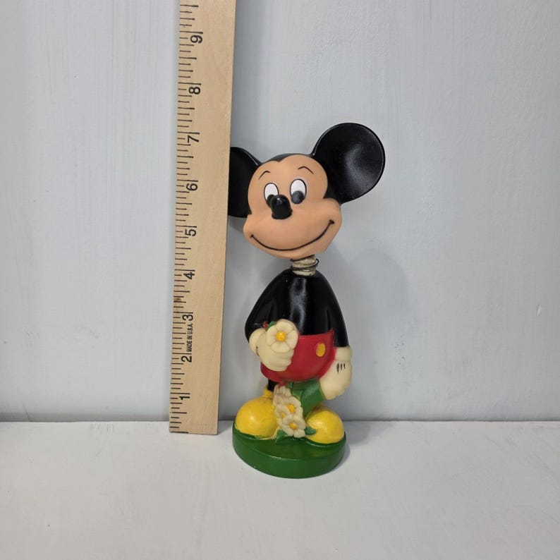 Vintage 70s Disney Mickey Mouse Bobblehead Figure Flower Kitschy Decor 7" Nodder image 10