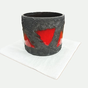 West Germany Fat Lava Planter / Vintage German Pottery / Red Black Lava Glaze Flower Pot